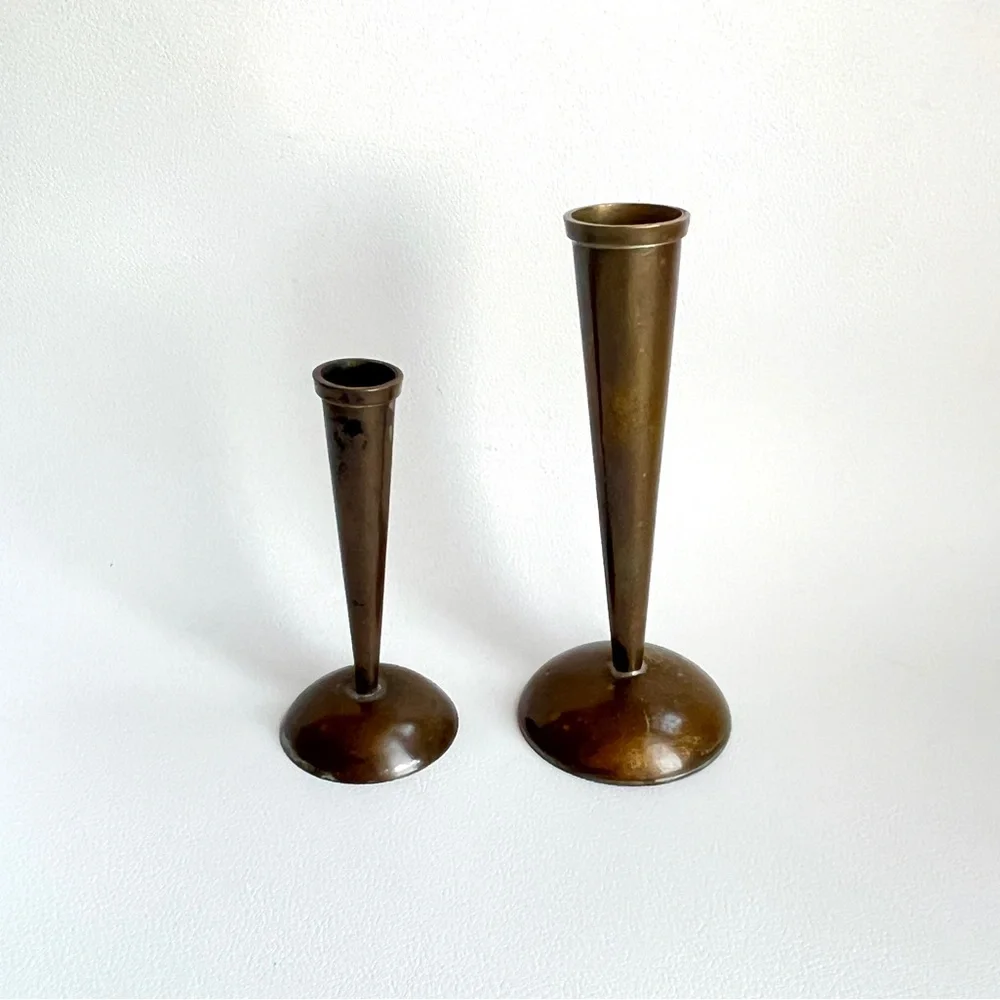 Pair of Mini Vases Mid Century Brass Candle Holders? MCM Decor Aged Patina
